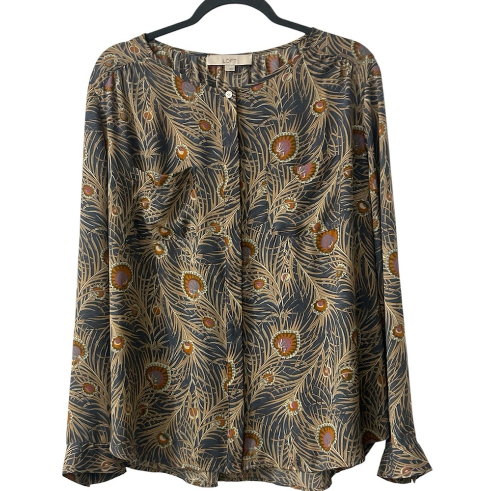 LOFT Peacock Feather Print Button Down Blouse - Size large